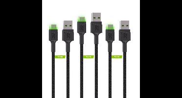 3x GC Ray USB-C 120cm kabel met groen LED verlichting, fast charging Ultra Charge, QC 3.0