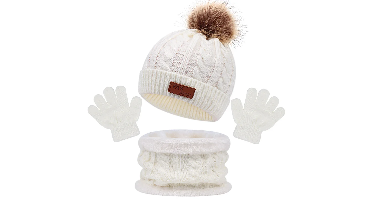 CozyPom – Warm & Zacht - Winterset met Muts, Sjaal en Handschoenen Wit (1 Pompon) | Educatief Speelgoed