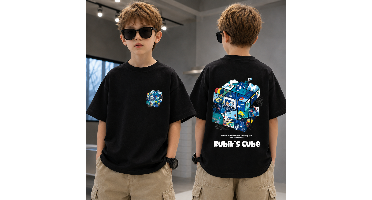 CubePlay – Zacht & Modieus – Rubik’s Cube T-shirt Zwart / 130 (6–7 jaar) | Educatief Speelgoed