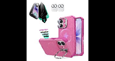 iPhone 17 Bundle Cyber Tough Magnetic Case (Camera Control, Stash Stand) and Armorite Privacy Screen Protector - Rosy Pink