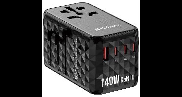Verbatim UTA-10 140W GaN III universele reisadapter Met 2 x USB-C PD 3.1 & QC 4+, 1 x USB-C PD 3.0 & 1 x USB-A QC 3.0 poorten