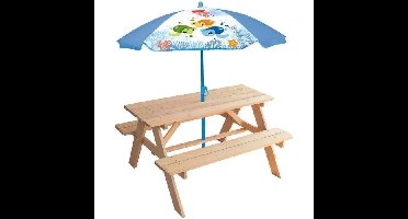 Tuinmeubelen - FUN HOUSE - Ma Petite Carapace houten picknicktafel H.53xL.95xD.100 cm met schildpadparasol H.125x100 cm