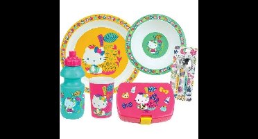 FUN HOUSE - HELLO KITTY Servies Set - Glas, Soepbord (16 cm diameter), Dinerbord (22 cm diameter), Bestek, Waterfles, Snackdoos