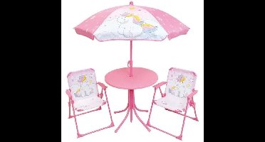 Tuinmeubelen - FUN HOUSE - Tuinmeubelen Eenhoorn: Tafel H.46 x 46 cm, 2 klapstoelen, parasol H.125 x 100 cm
