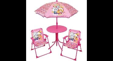 FUN HOUSE PAT'PATROUILLE Tuinmeubelen - 1 tafel 46xø46 cm, 2 stoelen H.53xB.38.5xD.37.5cm en 1 parasol