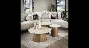 Salontafel set | 3 Romano Houten frame | Ceramic travertine
