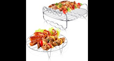 2-delige RVS Airfryer Rekset, 17.8 cm Dubbele Laag met BBQ Spiezen voor 3.5-5.5 Liter Airfryers, Ideaal voor Gezond Koken en Grillen
