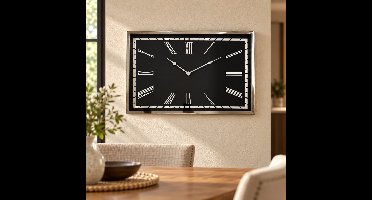 Hoppa! Rechthoekige wandklok met Romeinse cijfers - Zwart/Chroom - 5 x 76 x 51 cm (B x D x H)
