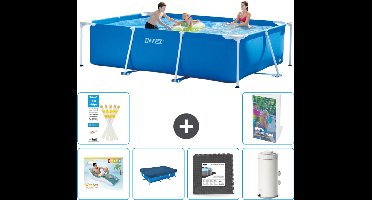 Intex Rechthoekig Frame Zwembad - 300 x 200 x 75 cm - Blauw - Inclusief Loungebed - Afdekzeil - Vloertegels - Zwembadfilterpomp - 7-delig