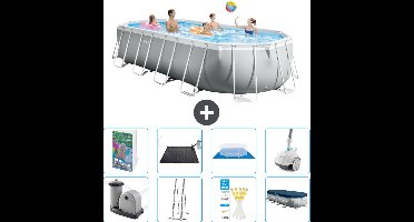 Intex Ovaal Prism Frame Zwembad - 610 x 305 x 122 cm - Grijs - Inclusief Pomp - Ladder - Grondzeil - Afdekzeil - Solar Mat - Stofzuiger - 9-delig