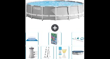 Intex Rond Prism Frame Zwembad - 427 x 107 cm - Grijs - Inclusief Pomp - Ladder - Grondzeil - Afdekzeil - Schoonmaakset - 8-delig