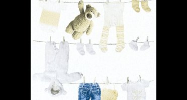 KNUFFELS EN KLEERTJES AAN DE WASLIJN BEHANG | Kinderkamer - blauw creme - A.S. Création Little Stars