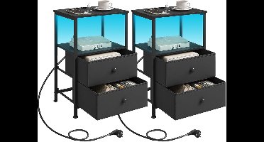Sierra nachtkastje set van 2, nachtkastje met oplaadfunctie, LED-verlichting, laden, bijzettafel, zwart, salontafel, salontafel, MDF