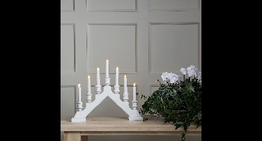 Witte houten kandelaar met LED verlichting - 38 cm