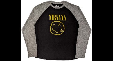 Nirvana - Yellow Happy Face Raglan T-shirt - XL - Zwart/Grijs