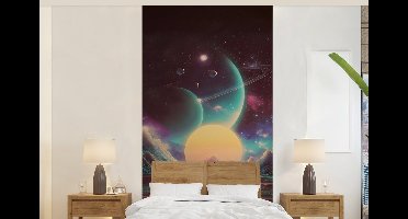 Behang - Fotobehang Planeten - Neon - Berglandschap - Zon - Breedte 120 cm x hoogte 240 cm