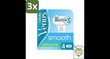3 x Gillette - Venus Smooth - Sensitive - Zachte scheerbeurt - 4 Navulscheermesjes - Grootverpakking - Scheermesjes Voor Vrouwen - Scheermesjes Gevoelige Huid - Gladde Huid - Venus Scheermesjes - Gillette Venus