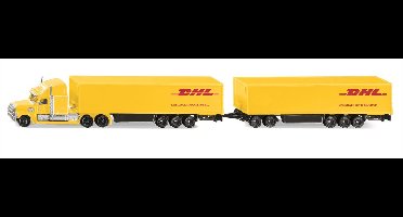 SIKU 1806, Freightliner DHL Road Train, trekker met oplegger en aanhanger, 1:87, metaal/kunststof, geel, afneembare aanhanger