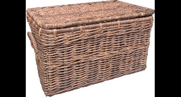 Rieten Mand Antiek Paula - 76x46xH43 cm - Antiek Bruine Rieten Mand - Met Deksel - Met Handvaten