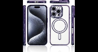 Hoesje Geschikt voor iPhone 15 Pro Magsafe hoes Lens beschermer Paars – Luxe bling sprankelende diamant backcover