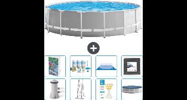 Intex Rond Prism Frame Zwembad - 457 x 122 cm - Grijs - Inclusief Pomp - Ladder - Grondzeil - Afdekzeil - Onderhoudspakket - Vloertegels - 9-delig