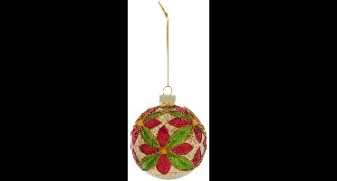 Boule de Noël motif fleur rouge et vert en verre D. 80 mm
