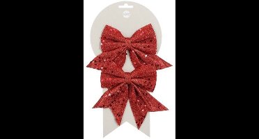 House of Seasons Decoratie strikken - 2x st - rood met glitter - 12 x 13 cm - strikjes