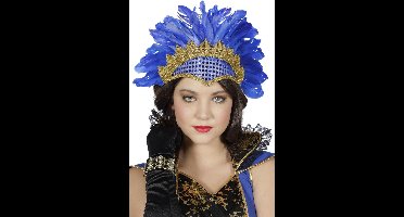 Samba hoofdtooi blauw met veren en pailletten