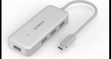 Orico - Type-C USB3.0 Hub met 4 Type-A Poorten - 5Gbps - VIA-Chip - Kabellengte 15cm - Zilver
