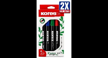 Kores Eco Whiteboard Markers Set van 4 Kleuren - Voordeelverpakking van 2 Etuis (8 Stiften Totaal) - Ronde Punt 3 mm - Milieuvriendelijk Hervulbaar Design - Uitwisbare Inkt