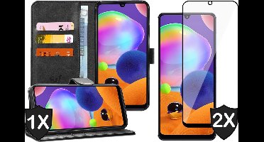 Hoesje geschikt voor Samsung Galaxy A31 - 2x Screen Protector FullGuard - Book Case Kunstleer Pasjeshouder Zwart & Screenprotector