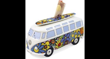 BRISA VW Collection - Volkswagen T1 Bulli Bus spaarpot-varken-blik met surfplank, cadeau-idee/fansouvenir (keramiek/schaal 1:18)