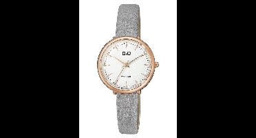 Q&Q QC35J101Y - Horloge - Analoog - Vrouwen - Dames - Leren band - Rond - Metaal - Streepjes - Grijs - Rosékleurig - Wit - 3 ATM