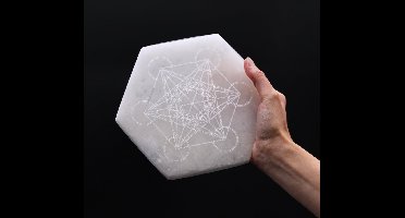 Seleniet oplaadschijf - Zeshoekige Seleniet oplaadplaat met Metatron - 16 cm.