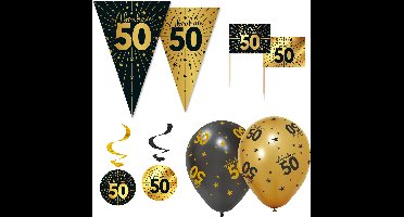 Feestpakket 50 jaar Abraham Zwart Goud XL – Vlaggenlijn 10 meter + 6 Ballonnen + 50 Prikkers + 4 Swirls – Golden Celebrations Decoratie
