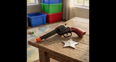Eddy Toys Gun + Star - Speelgoedpistool met Sheriff Ster - Cowboy Rollenspel Speelgoed voor Kinderen - Kunststof Speelgoedwapen - Afmeting 18,7 cm - Kleur Zwart/Bruin/Zilver - Geschikt Vanaf 3 Jaar