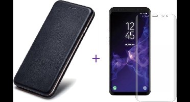 Hoesje geschikt voor Samsung Galaxy S9 - Kunstlederen Wallet Hoesje Zwart met Siliconen Houder - Portemonee Hoesje + Glas PET Folie Screen Protector Transparant 0.2mm
