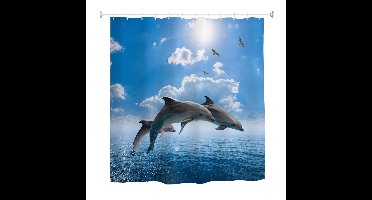 Boraboi® Lange douchegordijn met dolfijnontwerp en oceaanthema, anti-schimmel, waterdicht, 180 x 200 cm met 12 haken