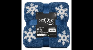 Unique Living Holly – Warm Winterplaid – 130×160 cm – Blauw – Sneeuwvlokken – Zacht Fleece