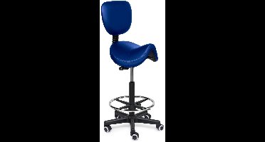 Premium Zadelkruk met Rugleuning / Kapperskruk Blauw – Ergonomische Zadelstoel met 4 cm Koudschuim Zitting, In Hoogte Verstelbaar - Hoog (70-85cm) / Zonder voetsteun / Standaard wielen
