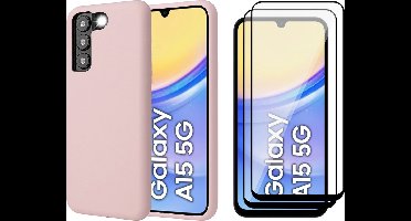 Hoesje geschikt voor Samsung Galaxy A15 - 2x Screenprotector Volledig Dekkend Glas - Mat Back Case Roze