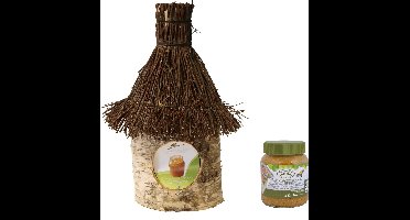 Vogelhuisje/voederhuisje/pindakaashuisje berkenhout met rieten/tenen dak 36 cm inclusief vogelpindakaas - Vogelvoederhuisje