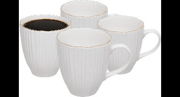 Secret de Gourmet koffie kopjes - Soho - 4x stuks - wit/goud - 360 ml - mokken - porselein - met stijlvol decoratie motief