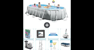 Intex Ovaal Prism Frame Zwembad - 503 x 274 x 122 cm - Grijs - Inclusief Pomp - Ladder - Grondzeil - Afdekzeil - Vloertegels - Stofzuiger - 9-delig
