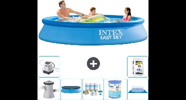 Intex Rond Opblaasbaar Easy Set Zwembad - 305 x 61 cm - Blauw - Inclusief Pomp - Afdekzeil - Onderhoudspakket - Filter - Grondzeil - Zoutwatersysteem - Zwembadzout - 8-delig