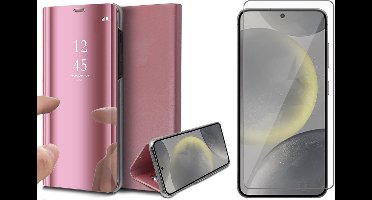 Hoesje geschikt voor Samsung Galaxy S24 - Screenprotector Glas - Spiegel Book Case Rosegoud
