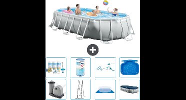 Intex Ovaal Prism Frame Zwembad - 503 x 274 x 122 cm - Grijs - Inclusief Pomp - Ladder - Grondzeil - Afdekzeil Onderhoudspakket - Filter - Schoonmaakset - Voetenbad