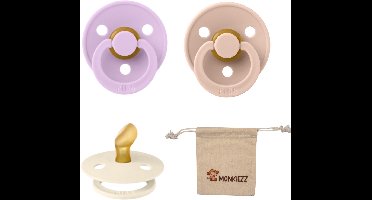 Bibs Dental fopspenen Anatomical 0-6 maanden- Set 3 stuks- Blush, Ivory, Violet Sky + Monkiezz speenzakje - orthodontisch- Anatomisch- Maat 1