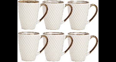 Secret de Gourmet Koffiemokken Marbella - 10x stuks - Keramiek - wit/goud - 300 ml - 8 x 11 cm - Luxe uitstraling