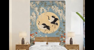 Behang - Fotobehang Kraanvogels - Maan - Bloemen - Blauw - Breedte 145 cm x hoogte 220 cm